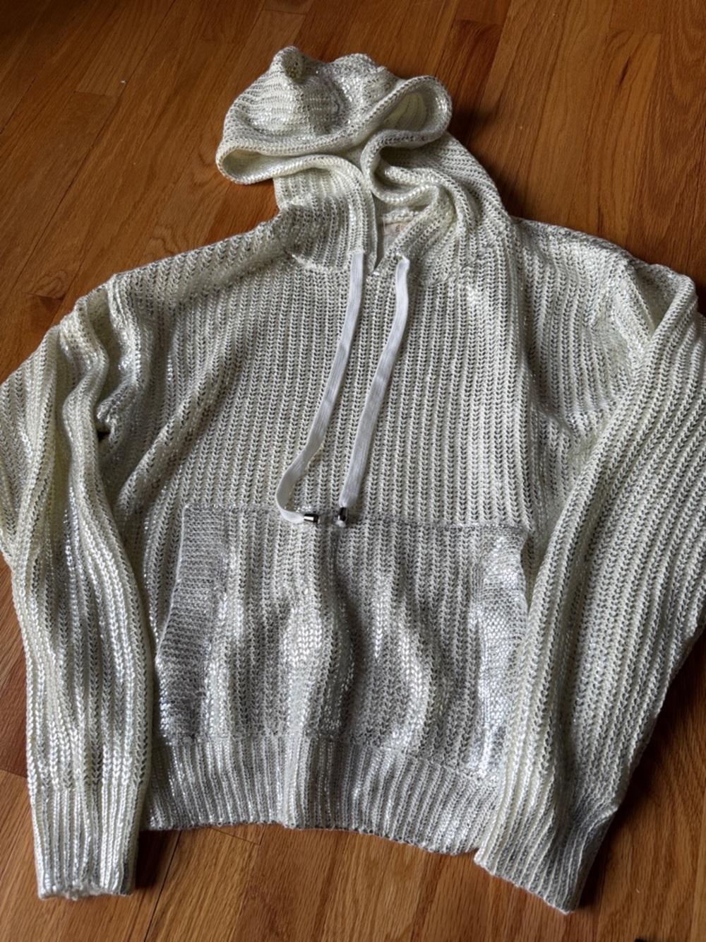 Elan Cream Hooded Open-Knit Pullover Sweater